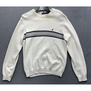 Nautica Pullover Knit Sweaters Mens White Blue Gray Single Chest Stripe Medium